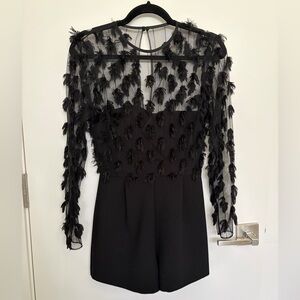 Topshop Black Feather Mesh Long Sleeve Romper | US 2